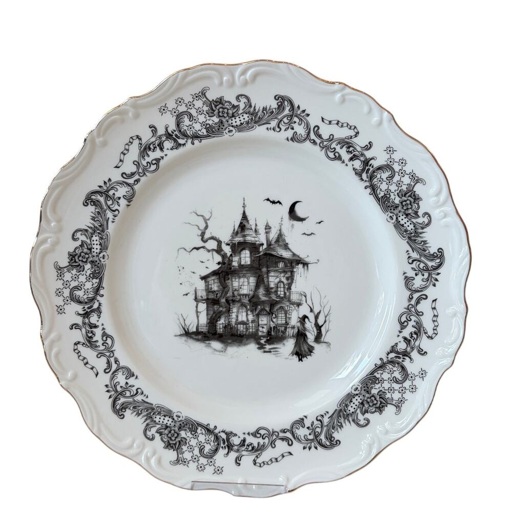 4 Grace Teaware Halloween Haunted House Dinner Plates 11in Porcelain Spooky NEW